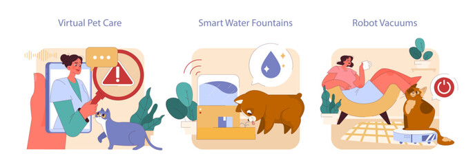 Pet Tech Gadgets set. Virtual consultations, hydration innovation, and automated cleaning. Health, water, and cleanliness for pets at home.
