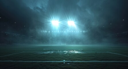 dark football pitch with light coming from a spotlight that shines on it - obrazy, fototapety, plakaty
