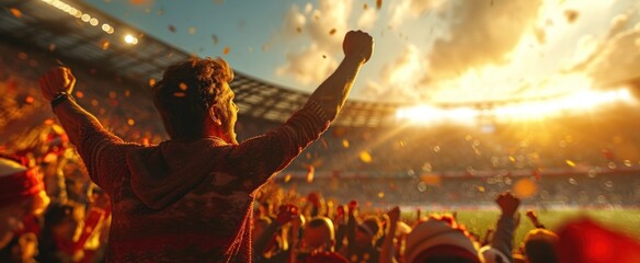 a soccer fans holding fists at a stadium - obrazy, fototapety, plakaty