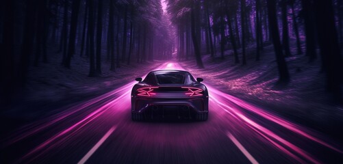 A super-sport car in lavender, leaving a trail of light on a dark, forested road,