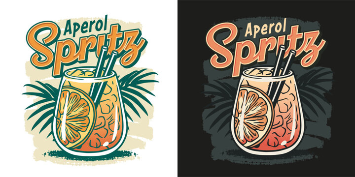 Aperol cocktail vector with ice and slice of orange for cocktail bar or drink summer party. Aperol spritz or alcohol cocktail with gin for tee print of beach bar and cafe menu
