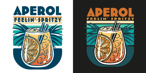 Aperol cocktail vector with ice and slice of orange for cocktail bar or drink summer party. Aperol spritz or alcohol cocktail with gin for tee print of beach bar and cafe menu