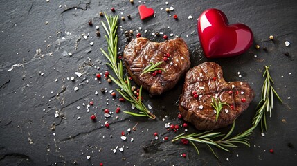 A culinary presentation featuring two succulent heart shaped grilled steaks, garnished with fresh rosemary sprigs, scattered peppercorns, coarse salt crystals, and accompanied by two glossy red heart