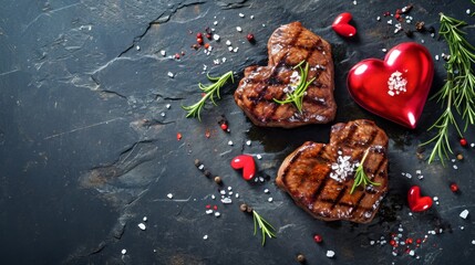 A culinary presentation featuring two succulent heart shaped grilled steaks, garnished with fresh rosemary sprigs, scattered peppercorns, coarse salt crystals, and accompanied by two glossy red heart - Powered by Adobe