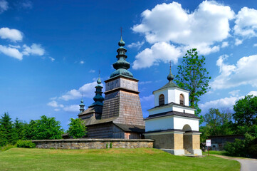 Orthodox wooden church in Owczary village, inscribed on the UNESCO World Heritage list, Low Beskids (Beskid Niski), Poland - obrazy, fototapety, plakaty