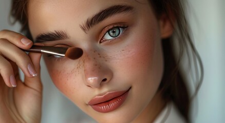 Obraz premium person in white blouse with a brown beauty brush at her eye