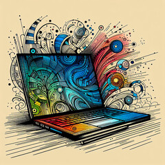 Laptop. Fantasy drawing with colorful splashes
