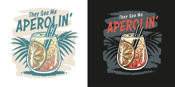 Aperol cocktail vector with ice and slice of orange for cocktail bar or drink summer party. Aperol spritz or alcohol cocktail with gin for tee print of beach bar and cafe menu