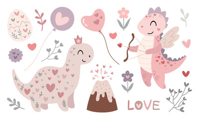 Cute Valentines dinosaurs clipart. Valentines day clipart. Valentine dino in cartoon flat style. Vector illustration.