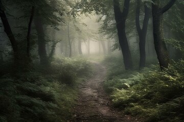 Misty path through dense woodland. Eerie nature scene. Generative AI