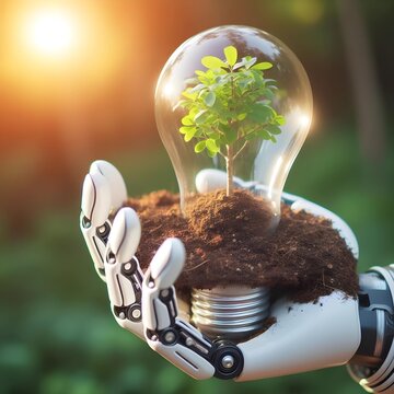 Revolutionary Technology Concept: Robotic Hand Cultivating a Tree in Soil in a Light Bulb, Amidst a Background of Advanced Technology. Embracing Eco-Friendly Energy Conservation and Innovation.