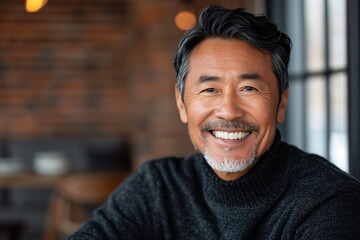 An older Asian gentleman in a dark sweater with a joyful expression, facing the camera. - obrazy, fototapety, plakaty