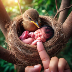 A bird in the bird's nest is holding with wings and caressing a cute baby girl - obrazy, fototapety, plakaty