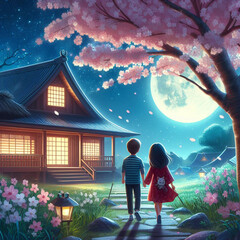 A boy and a girl walk under a cherry blossom tree towards a beautiful bungalow on a moonlit night