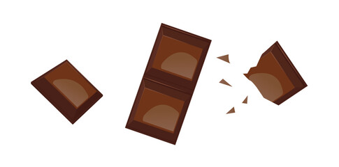 Cracked Chocolate Bar Isolated On White Background, Chocolate Crumbs Vector Illustration.   