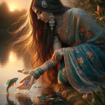 A girl wearing a sari and jewelry is sitting on the bank of a pond