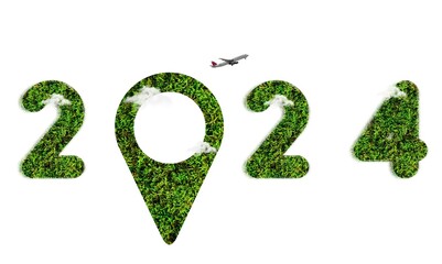 Green location sign with 2024 numbers, tourism concept