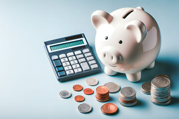 Personal Finance Management: Piggy Bank, Coins, and Calculator on a Blue Background - obrazy, fototapety, plakaty