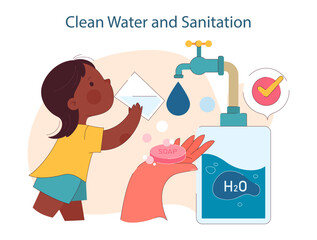 Clean water and sanitation. Ensuring access to safe drinking water and hygiene facilities. Environment protection, climate and nature preservation. Flat vector illustration