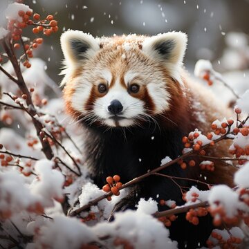 A photo of Red Panda in snow winter looking camera Generative AI