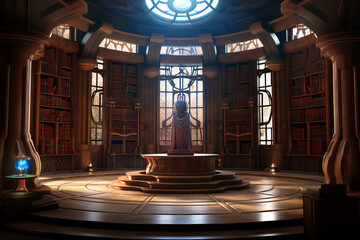 Mystical Library with Central Globe.
