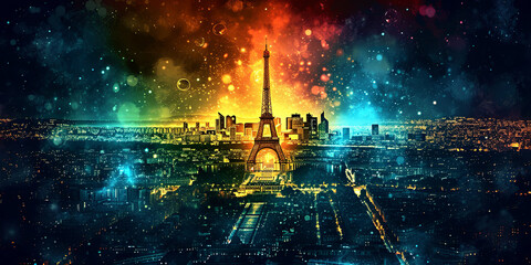 light bright saturated nona modern abstract illusstration with free space for text Embark on a visual odyssey to Paris 2024! Witness a luminous fusion of Parisian landmarks and vibrant Olympic sports  - obrazy, fototapety, plakaty