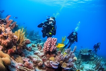 Naklejka na ściany i meble Scuba Diving in Coral Reef.