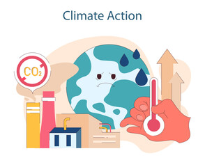 Climate Action. Addressing global warming through emission reduction and sustainable practices. Advocating for a cooler planet. Flat vector illustration