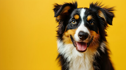 Border collie isolated on yellow background with copy space. Close up portrait of happy smiling...
