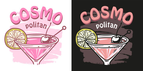 Cosmopolitan cocktail vector with orange zest for cocktail bar or drink summer party. Alcohol cocktail with vodka for beach bar and cafe menu