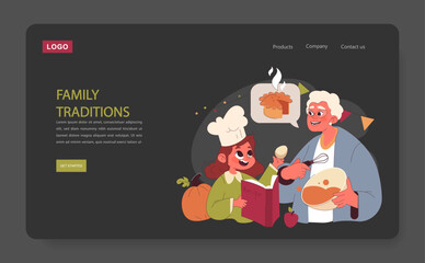Joyful family celebrating Thanksgiving web banner or landing page dark or night mode. American holiday. Girl and grandmother cooking traditional pumpkin pie together. Flat vector illustration