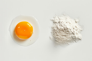 Top view of egg and flour on a white background.Minimal concept.