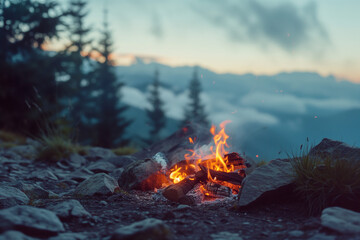 Campfire in the mountain forest on sunset.
