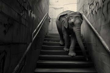 Elephant walking down the stairs.Black and white color.