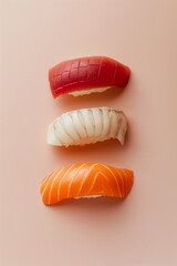 Top view of nigiri on a sand color background.Minimal concept.