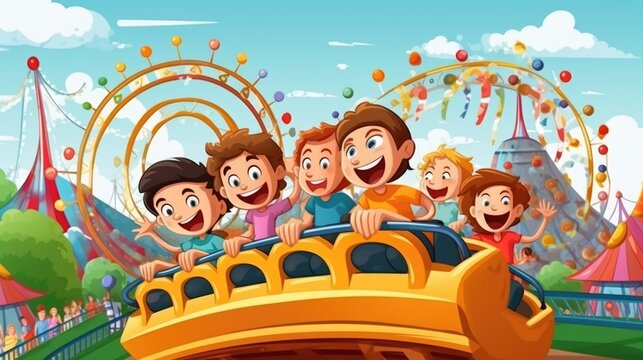 The charming illustration depicts a bustling children's amusement park, where the carousel takes center stage as kids revel in the enchanting ride.