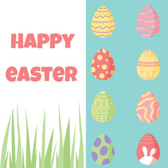 Happy easter design for card, poster, banner. Flat vector illustration with eggs, grass and text.