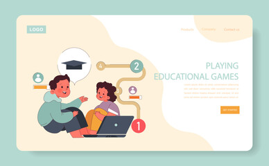 Children learn web or landing. Elementary school classes. Kids engaged in learning through interactive educational games. Academic knowledge gaining. Flat vector illustration