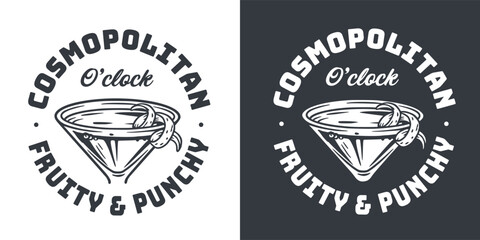 Cosmopolitan cocktail vector with orange zest for cocktail bar or drink summer party. Alcohol cocktail with vodka for beach bar and cafe menu