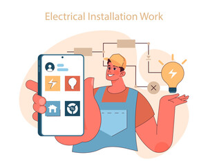Electrical installation work concept. Electrician with smart device showcasing modern electrical services and lighting solutions. Flat vector illustration