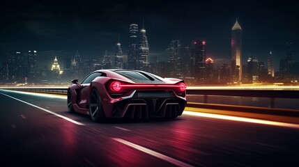 A glossy burgundy super-sport car, cruising on a dark, deserted highway with distant city lights,