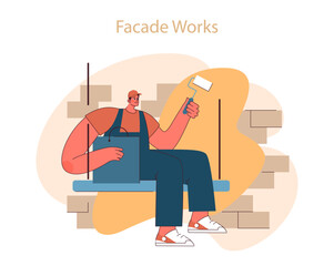 Facade works. A painter applying fresh coat to exterior walls, enhancing building aesthetics. Professional finishing touch. Flat vector illustration