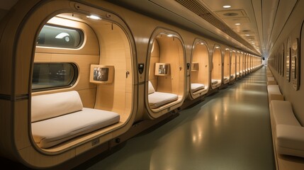 Modern and cozy interior of a capsule hotel for comfortable stay and relaxation