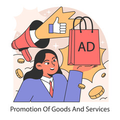 Promotion of goods and services concept. A marketer approves ad impact, surrounded by symbols of successful advertising and consumer engagement. Flat vector illustration.