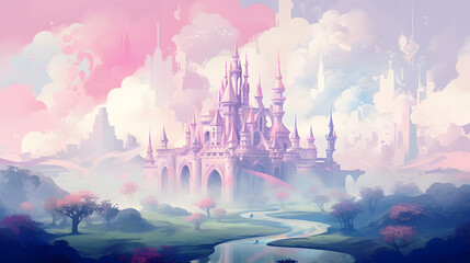 Illustration of a fairytale dreamlike castle in pastel colors, magical and mystical medieval kingdom, generative