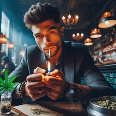 Young man smoking joint in a Cannabis Social Club. Guest or member of a CSC. Coffeeshop. Cannabis dispensary. Marijuana. Weed. Ganja. Legalization. Lighting up. Amsterdam. Generative AI - obrazy, fototapety, plakaty