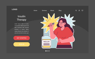 Diabetes web banner or landing page dark or night mode. Measuring sugar blood with glucometer. Hyperglycemia or hypoglycemia treatment, insulin therapy. Endocrine system disease. Vector illustration