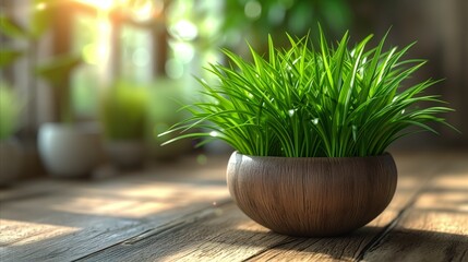 Fresh green potted plant bathed in sunlight on wooden table