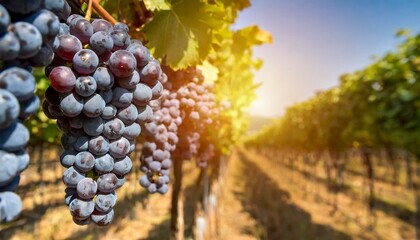 fileira de uvas em destaque em uma bela vinícola com muitas parreiras, plantação, agricultura - obrazy, fototapety, plakaty