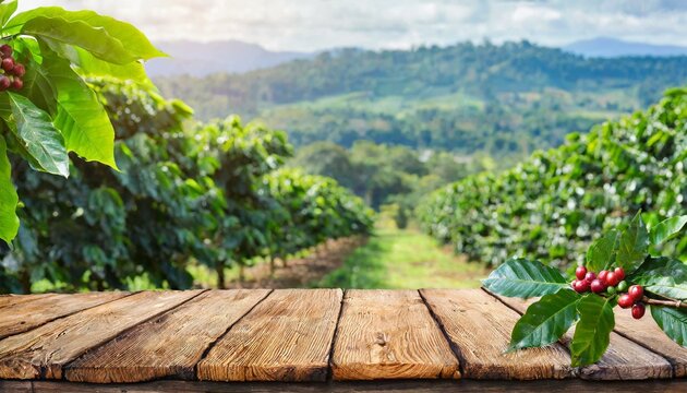 base de madeira com frutas e folhas de caf&eacute;, em frente a um produtivo cafezal, agricultura